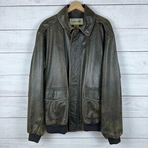 VTG LL Bean Goatskin Bomber Jacket Mens XL Tall Brown Lined 0MF53 Flight